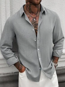 Manfinity Homme Men Plain Front Button Casual Linen Blend Long Sleeve Shirt,Fall - Grey - View 6