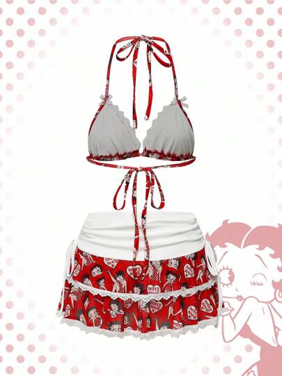 Betty Boop | ROMWE Conjunto de dos piezas con sostén triangular tipo halter con gráfico de figura de dibujos animados y minifalda de cintura alta con fruncido y corte bajo de estilo Y2K sexy