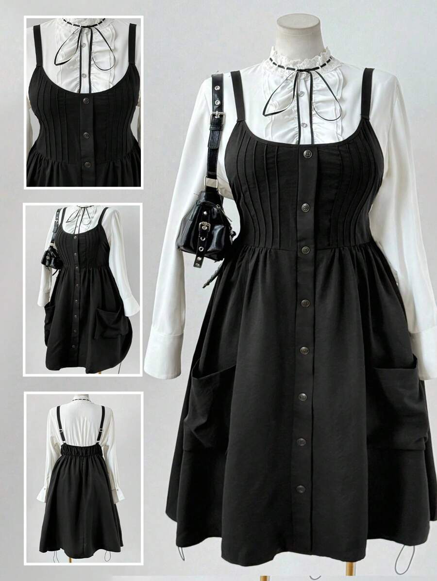 Sunspun 大码无袖连衣裙，带纽扣装饰口袋和抽绳下摆