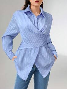 Heiryn Camisa casual/de trabajo para mujer con mangas caídas, rayas y lazo en la espalda - Azul - Ver 6