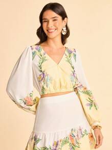 CAJUNI Blusa holgada con estampado floral, cuello en V cruzado, manga larga, adecuada para vacaciones, verano, otoño/invierno, citas, reuniones, playa, vuelta al colegio, ir al trabajo - Multicolor - Ver 6