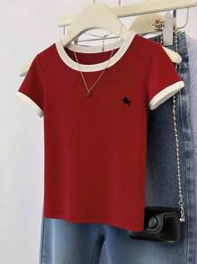 女式休闲撞色镶边红色短袖T恤，夏季
