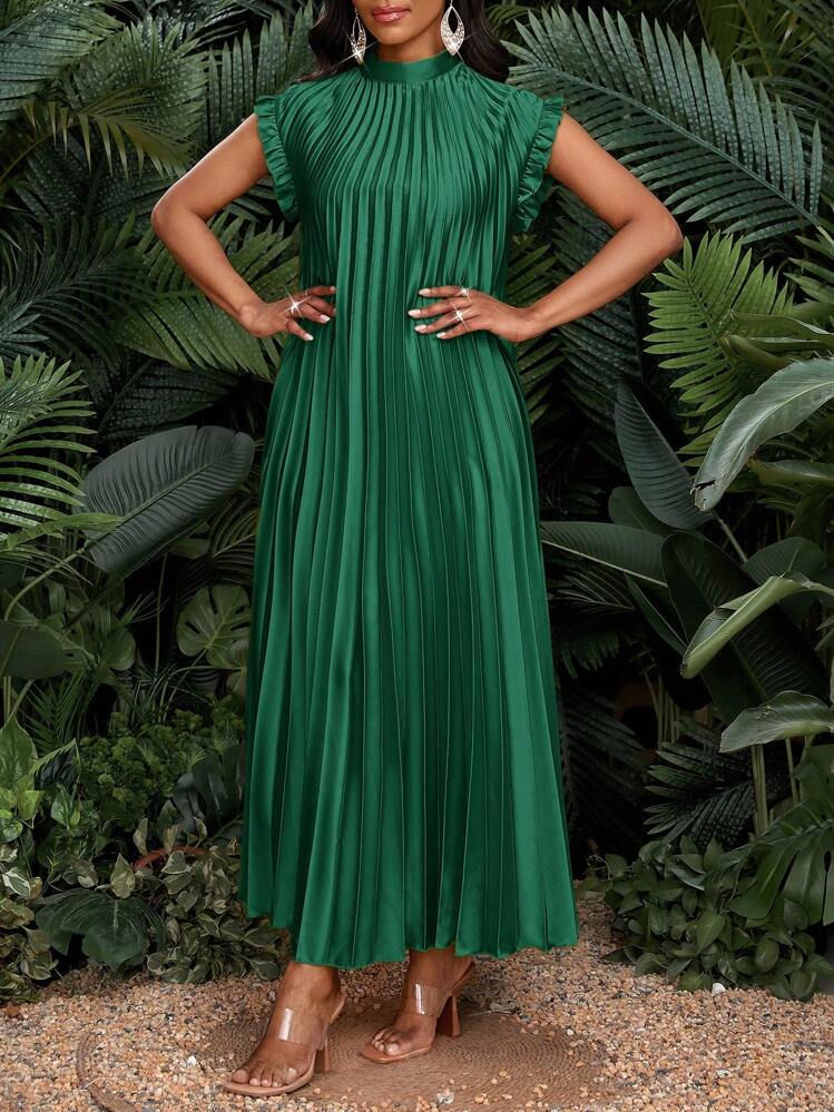SHEIN Lady Vestido Longo Feminino Solto e Casual de Seda Pregueada com Mangas Curtas em Estilo Voo, Elegante para Festa, Quatro Estações, Aniversário e Eventos, Escritório, Casamento, Férias - Verde - Visão 4