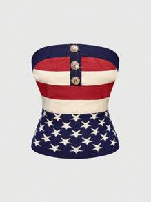 ROMWE J-Fashion 女式复古 Y2K Baddie 独立日金属装饰条纹星星图案抹胸针织毛衣 - 彩色 - 查看 1