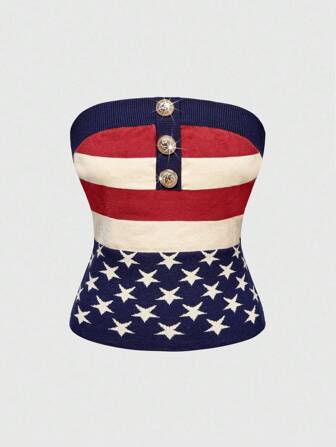 J-Fashion Top tube tricoté avec motif d'étoiles et de rayures pour femmes, style vintage Y2K baddie, décoration en métal pour la Fête de l'Indépendance