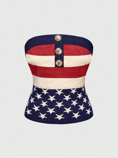 J-Fashion Women's Vintage Y2K Baddie Independence Day Metal Decor Striped Star Pattern Tube Top Knitted Sweater