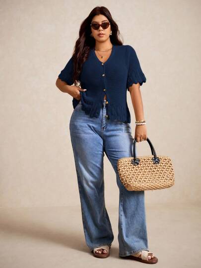 Elaquor Cárdigan casual de talla grande de unicolor con botones delanteros y mangas cortas