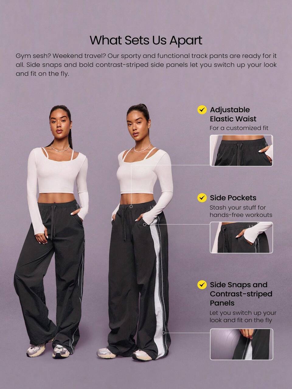 Mood Match Smooth Soft Lightweight Contrast Stripes Side Openings Elastic Waist Adjustable Drawstring Side Pockets Track Pants Gym Travel Spring
