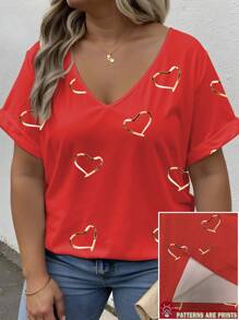 INAWLY Áo thun tay ngắn cổ chữ V in họa tiết trái tim cỡ lớn cho nữ, mùa xuân/hè, thích hợp cho ngày lễ tình nhân - Đỏ - Xem 3