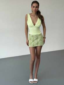 Aloruh 带衬里的纹理绿色迷你裙，性感年轻女性度假装，春夏 - 綠色 - 查看 3