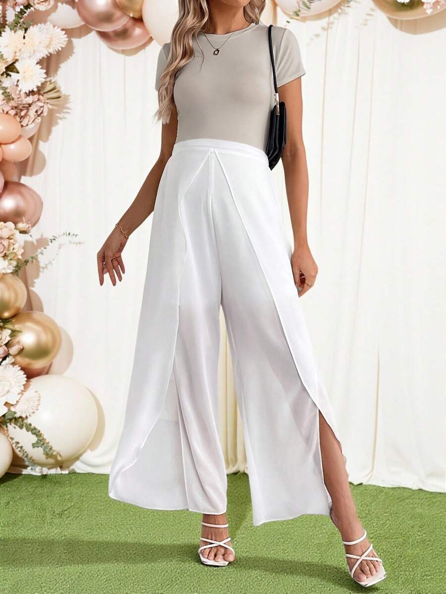 Loomaby Pantalones largos elegantes con abertura y efecto semitransparente para embarazadas, para fiestas de bienvenida del bebé - Blanco - Ver 1