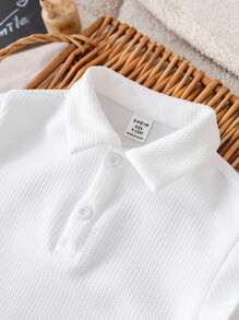 SHEIN 新生婴儿男孩/女孩柔软舒适白色短袖针织连体衣，适合室内、户外、日常、运动、派对、拍照、假日、节日、婚礼、迎婴派对、所有季节 - 白色 - 查看 6