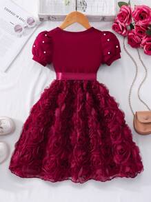 Glamorique Kids Girls' Solid Color Round Neck Pearl Puff Sleeve 3D Flower Elegant Summer Dress With Belt