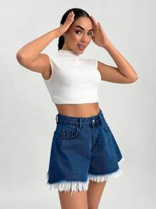 SHEIN Cottnline WOMEN RAW HEM DENIM MINI SHORTS BLUE - Royal Blue - View 4