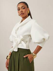 Vixey Solid Scuba Puff Sleeve Self Tie Wrap Around Top, Business Casual, Office - White - View 2