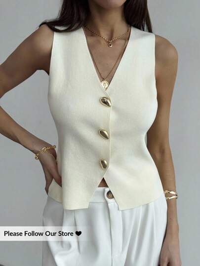 Aloruh Women's Solid Color V-Neck Sleeveless Metal Button Decorated Elegant Fashion Vest, Summer Summer Summer Outfits Summer Clothes Beach Outfits For Woman Beach Vacation Vacation Outfits Woman Boho Tropical Vacation Woman Clothe Cute Summer Tops Minimalana Business Sasual Woman Commuter Simple Temperament Office Summer Vest Apricot Elegant Going Out Tops Women,Tops For School In Fall/Winter