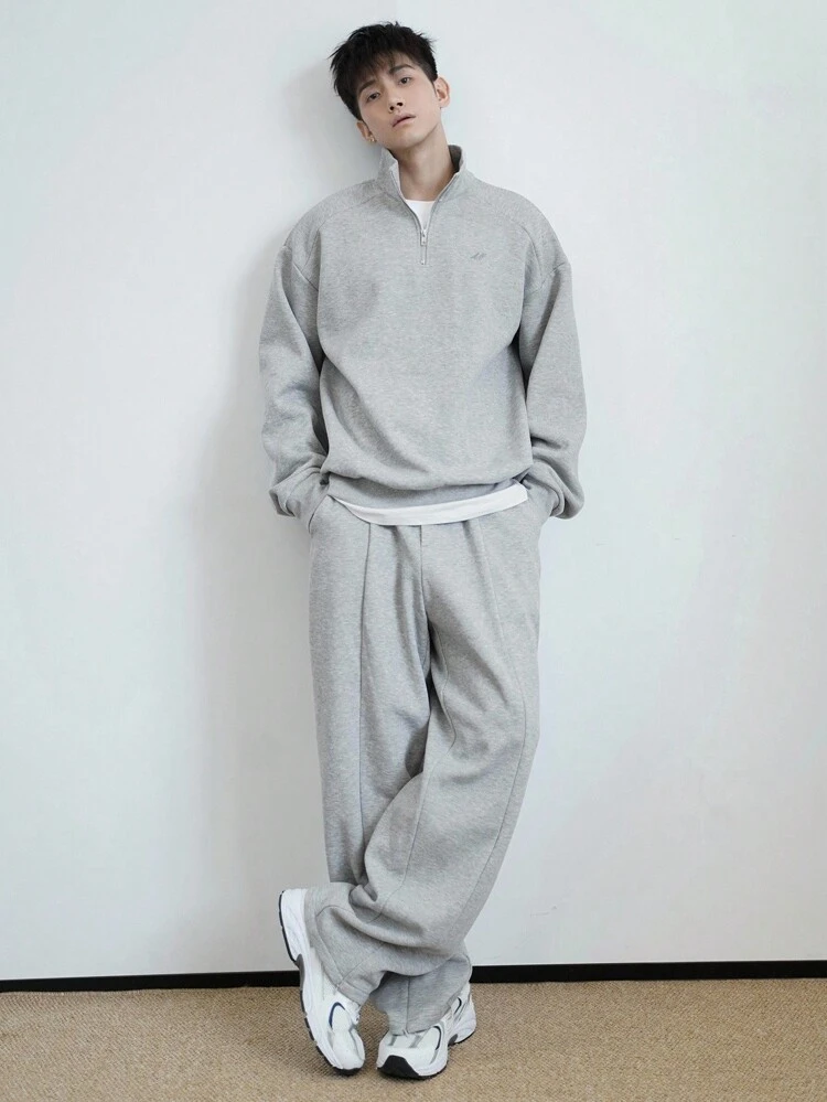 Men's Solid Color Long Sleeve Zip Tracksuit Pullover And Loose Fit Sweatpants Set, Autumn, Cozy Outfits