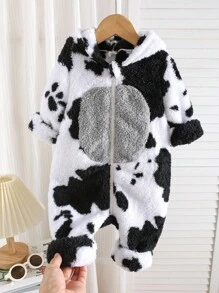 新生男婴/女婴两件套服装，温暖柔软的毛绒面料，可爱的奶牛印花，撞色，拉链连帽衫和宽松裤子，百搭百搭，适合户外玩雪和室内穿着 - 黑與白 - 查看 6