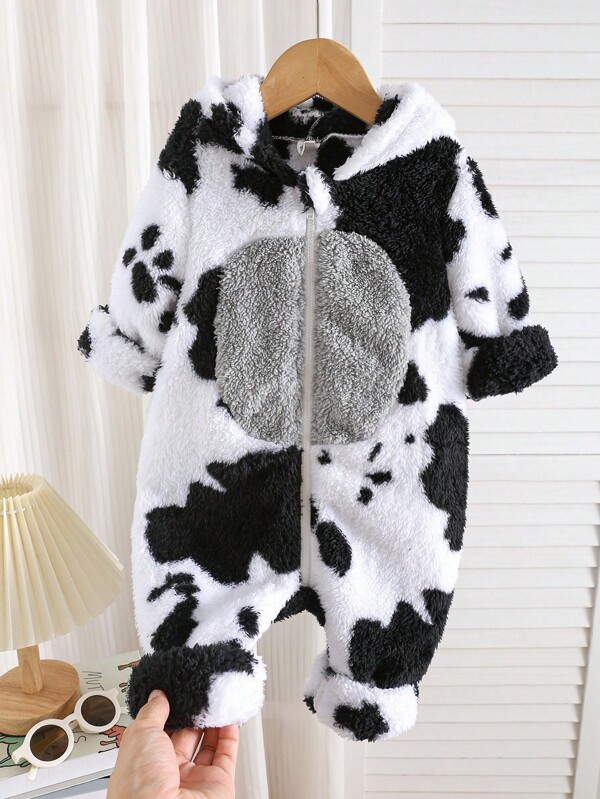Newborn Baby Boy/Girl 2 Pieces Outfit, Warm & Soft Plush Fabric, Cute Cow Print, Contrast Color, Zip-Up Hoodie & Loose Fit Pants, All-Match & Versatile, Suitable For Outdoor Snow Play & Indoor Wear