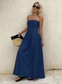 Livesso Vestido de mezclilla de cintura ceñida y longitud media sin tirantes para mujer - Azul - Ver 1