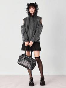 ROMWE EDITION 洛丽塔动漫可爱水钻猫耳灰色连帽蕾丝运动衫 - 深灰色 - 查看 10