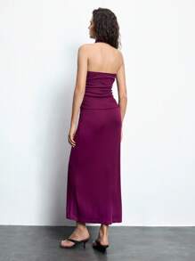 Maija Conjunto de top corto sin mangas de cuello drapeado de punto acanalado morado y falda de cintura alta, estilo ceñido cómodo y agradable a la piel, adecuado para Pascua, festival de música, brunch de graduación, elegante