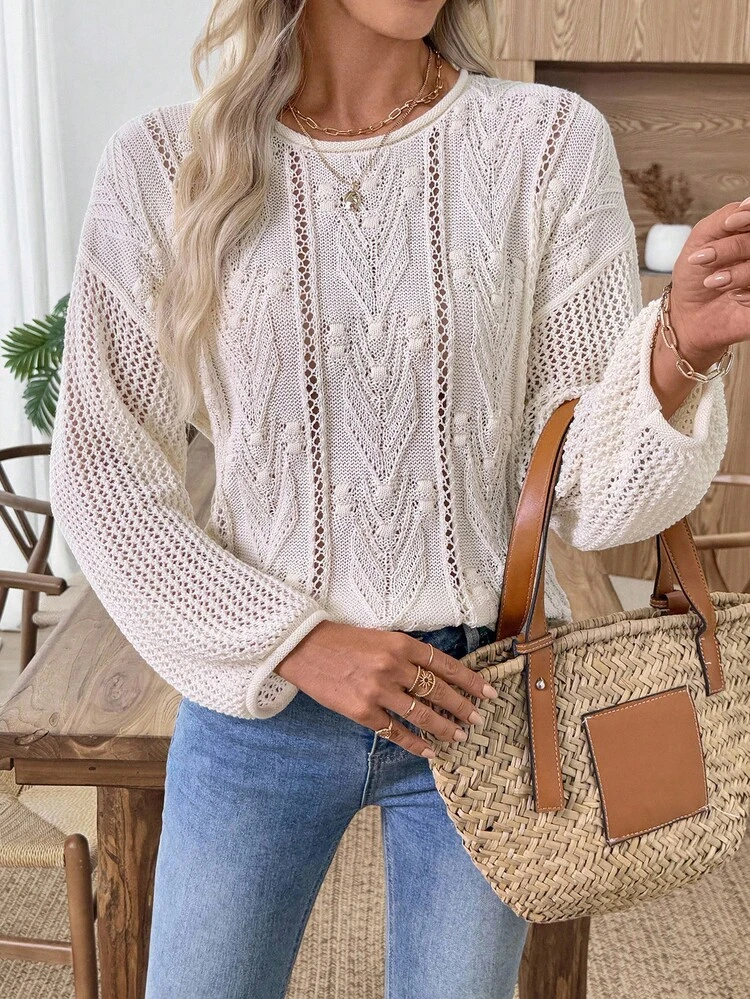 Women's Loose Fit Hollow Out Round Neck Long Sleeve Casual Sweater White Sweater White Knit Top Eyelet Sweater Fall For Women Sweaters For Women Jerseys For Women Fall Women Knitted Sweater Knit Sweater Fall For Women Going Out Jumpers