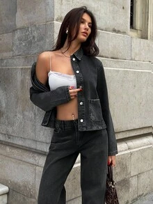 EURMUSE WOMEN GREY DENIM JACKET WITH USABLE POCKETS - Black - View 2