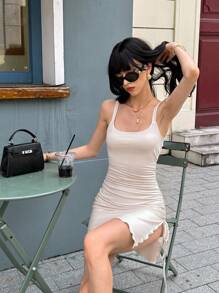 SHEIN Unity Y2K Style Sexy Drawstring Asymmetrical Hem Casual Dress - Apricot - View 6