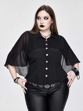 Goth Blusa vintage gótica de talla grande con mangas de murciélago de patchwork de gasa, adecuada para varias ocasiones