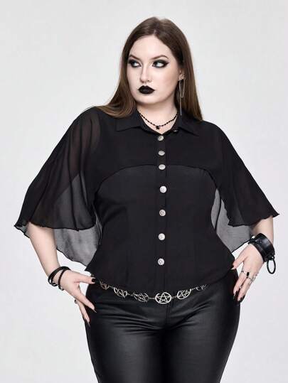 Plus Size Women Gothic Vintage Chiffon Patchwork Loose Batwing Sleeve Shirt, Suitable For Various Occasions