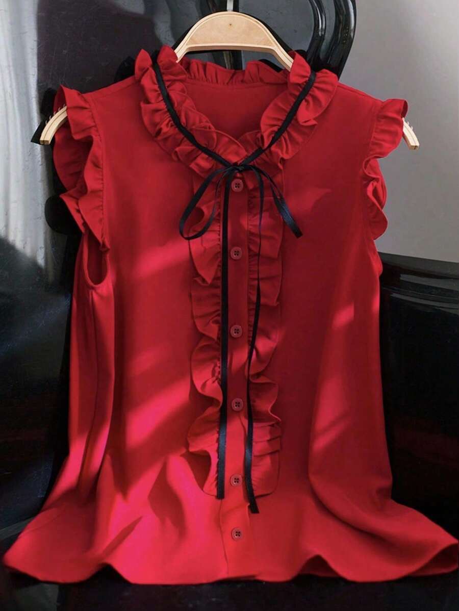 Franclia 无袖荷叶边休闲宽松衬衫，优雅女士红色夏季上衣 - 紅色 - 查看 1