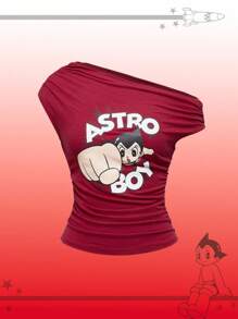 Astro Boy X ROMWE Y2K Sexy Cartoon Figure Print Ruched Asymmetrical Shoulder Tight Fit Women T-Shirt - Red - View 2