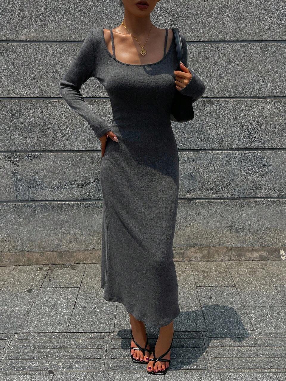 Solid Color Waist Gathered Flared Hem Scoop Neck Long Sleeve Elegant Dress For Women, Autumn/Winter