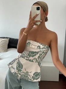 Livesso 女士花卉植物印花休闲度假抹胸，秋季外出上衣 - 灰色 - 查看 4