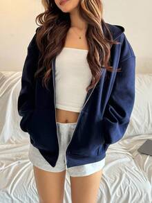 少女藏蓝色宽松休闲卫衣，简约风格，适合休闲和运动穿着。蓝色青少年服装，藏蓝色卫衣，蓝色连帽夹克，少女短款夹克，秋冬季女童服装 - 藍色 - 查看 7