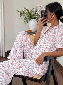 SHEIN 花卉印花翻领短袖睡裤睡衣套装 - 彩色 - 查看 3