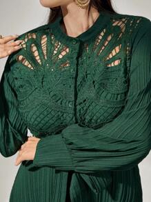 Modelyn Đầm cỡ lớn thanh lịch in hoa, thêu họa tiết chắp vá, khoét lỗ phía trước, cài nút và buộc dây ở eo, tôn dáng cho phụ nữ. - Màu xanh lá cây đậm - Xem 8