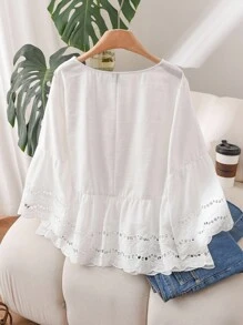 CosyJoli Plus Size Women's Solid Color Hollow Out Ruffle Hem Round Neck Blouse,Slightly Sheer