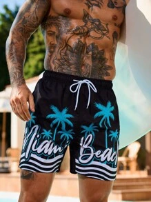 Manfinity Swimmode 男士休闲度假风格棕榈树和字母印花抽绳腰部斜口袋沙滩短裤，夏季 - 黑色 - 查看 5