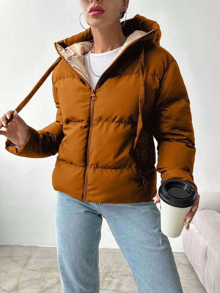 EURMUSE Women's Solid Color Pocket Zip-Up Hooded Long Sleeve Padded Coat - Camel - View 7
