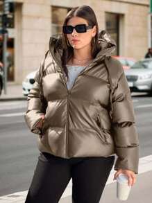 EURMUSE Plus Solid Zip Up Hooded Padded Coat - Beige - View 5