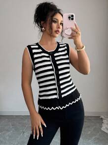 Selianne Sleeveless Round Neck Floral Hem Contrast Color Elegant Romantic Delicate Women Sweater Vest - Black and White - View 3