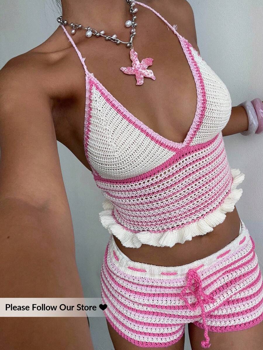 Aloruh 2pcs/Set Summer Vacation Handmade Crochet Contrast Color Floral Trim Camisole Top And Contrast Color Super Short Mini Skirt Set For Women Sexy Outfits For Women - Baby Pink - View 1