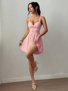 SHEIN Raffinéa Đầm dệt kim ngắn dáng chữ A, cổ chữ V, nhún eo, gợi cảm, thanh lịch, quần áo mùa hè cho nữ khi đi học đại học - Hồng - Xem 3