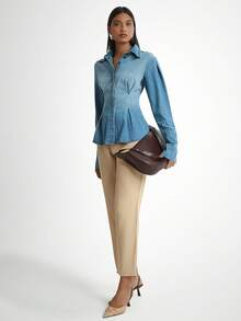 Daynim Women's Casual Waist Cinched Long Sleeve Pleated Denim Shirt Blouse - Medium Wash - View 3