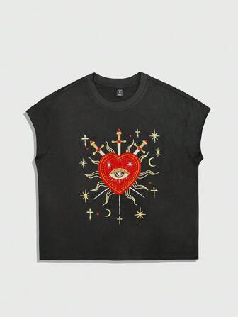 Street Life Men's Heart Embroidery Crew Neck Casual Loose Tank Top