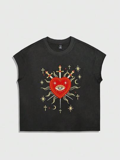 Street Life Men's Heart Embroidery Crew Neck Casual Loose Tank Top, 2000s Style
