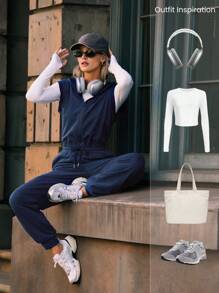 GLOWMODE 24" Everyday Terry Glow Hero Soft Sweat-Wicking Front Zipper Adjustable Drawstring Waist Back Pockets Ribbed Hem Hoodie Jumpsuit - Navy Blue - View 8