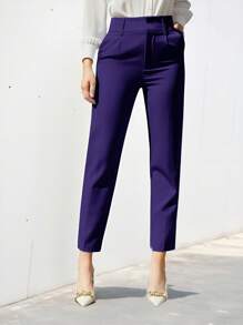 EURMUSE Women's Solid Color Simple Daily Suit Pants  - Navy Blue - View 5